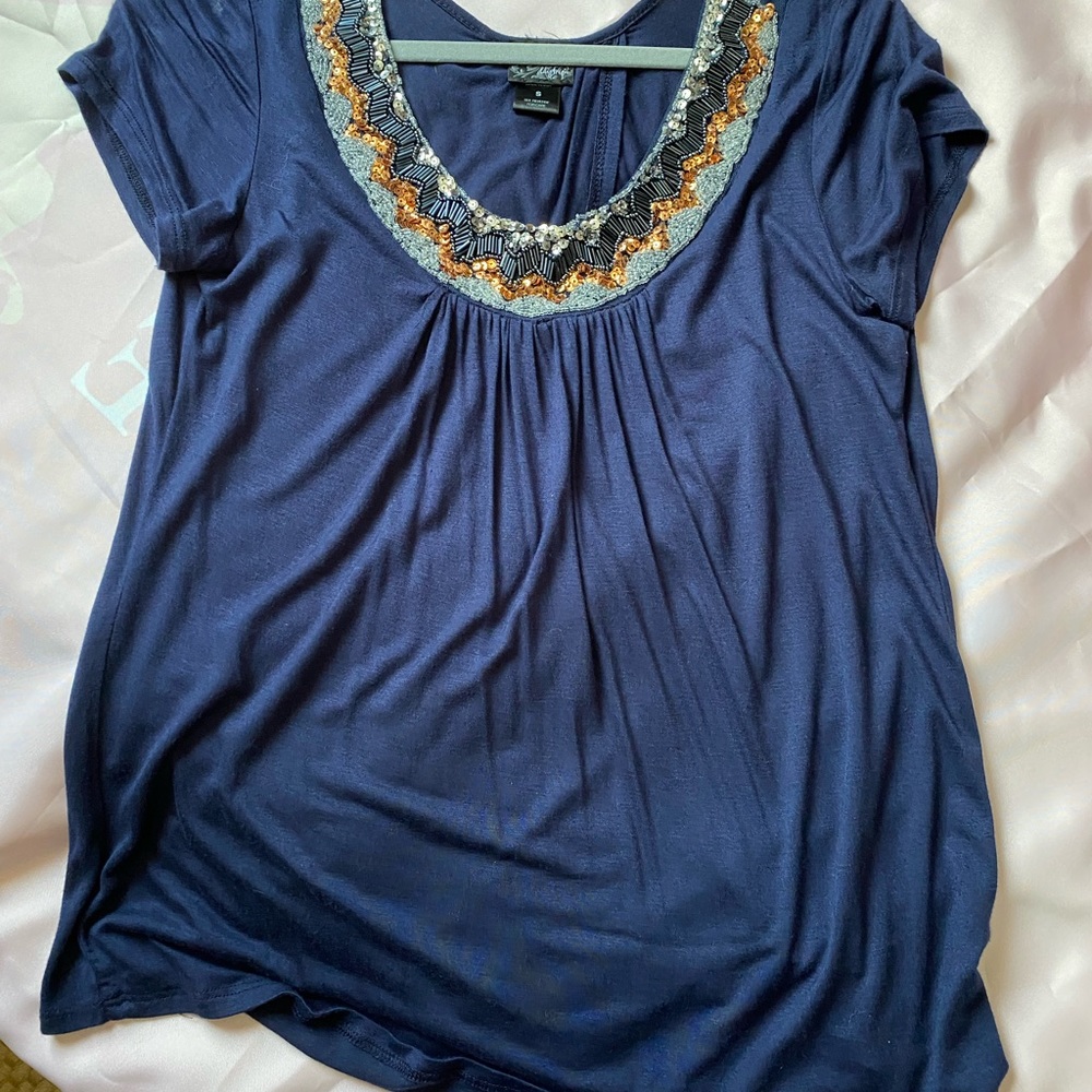 Navy, beaded neckline, Daytrip short sleeved shirt